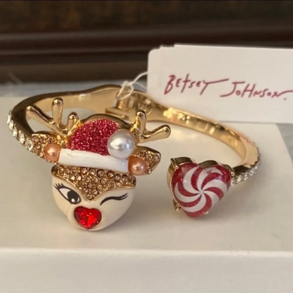 BETSEY JOHNSON Christmas Santa Baby Rudolph Red-Nose Reindeer Hinge Bracelet NWT